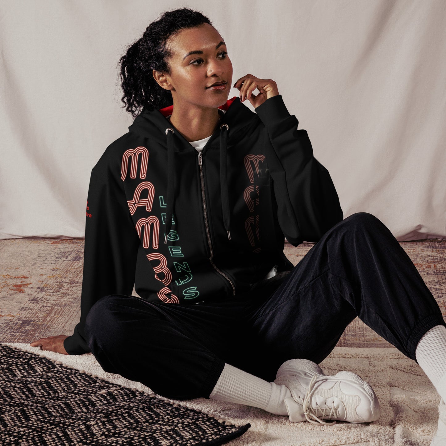 The Music Never Ends Red interior hood Unisex zip hoodie