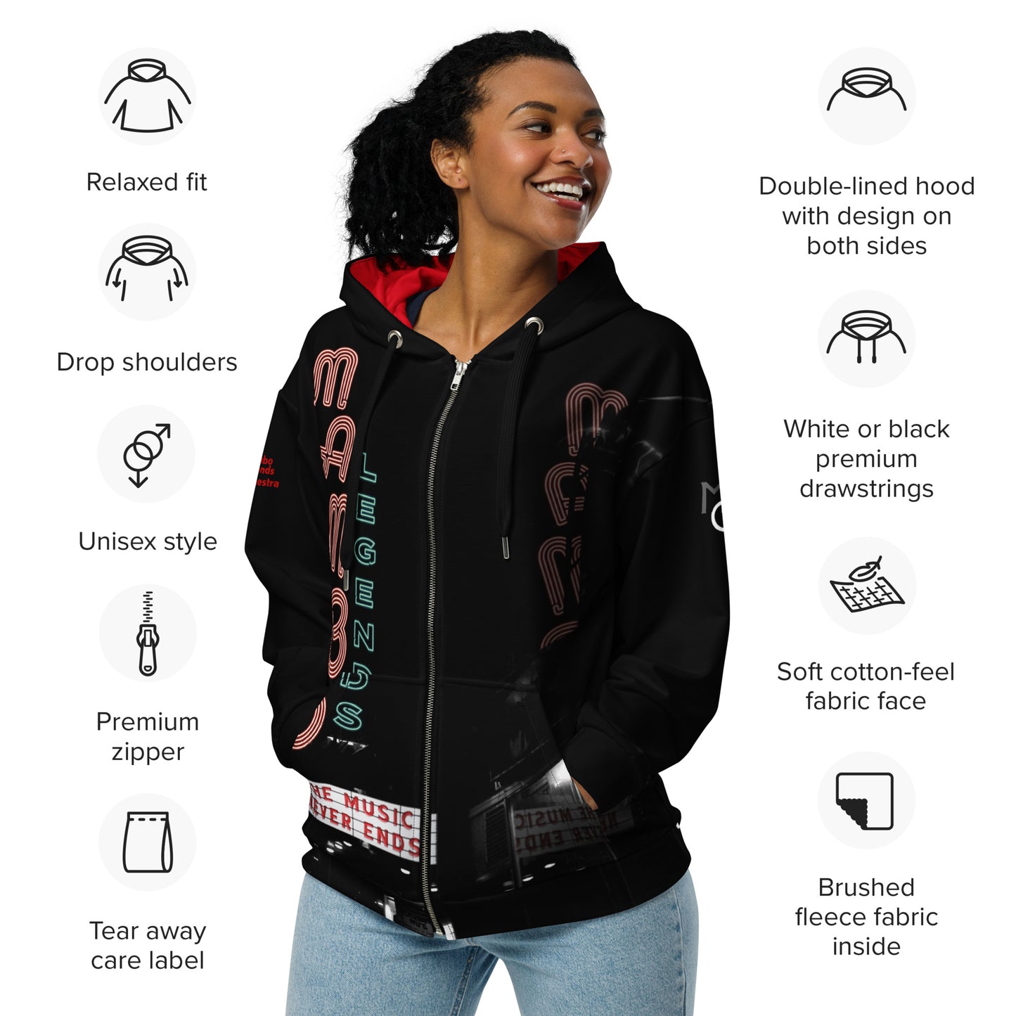 The Music Never Ends Red interior hood Unisex zip hoodie