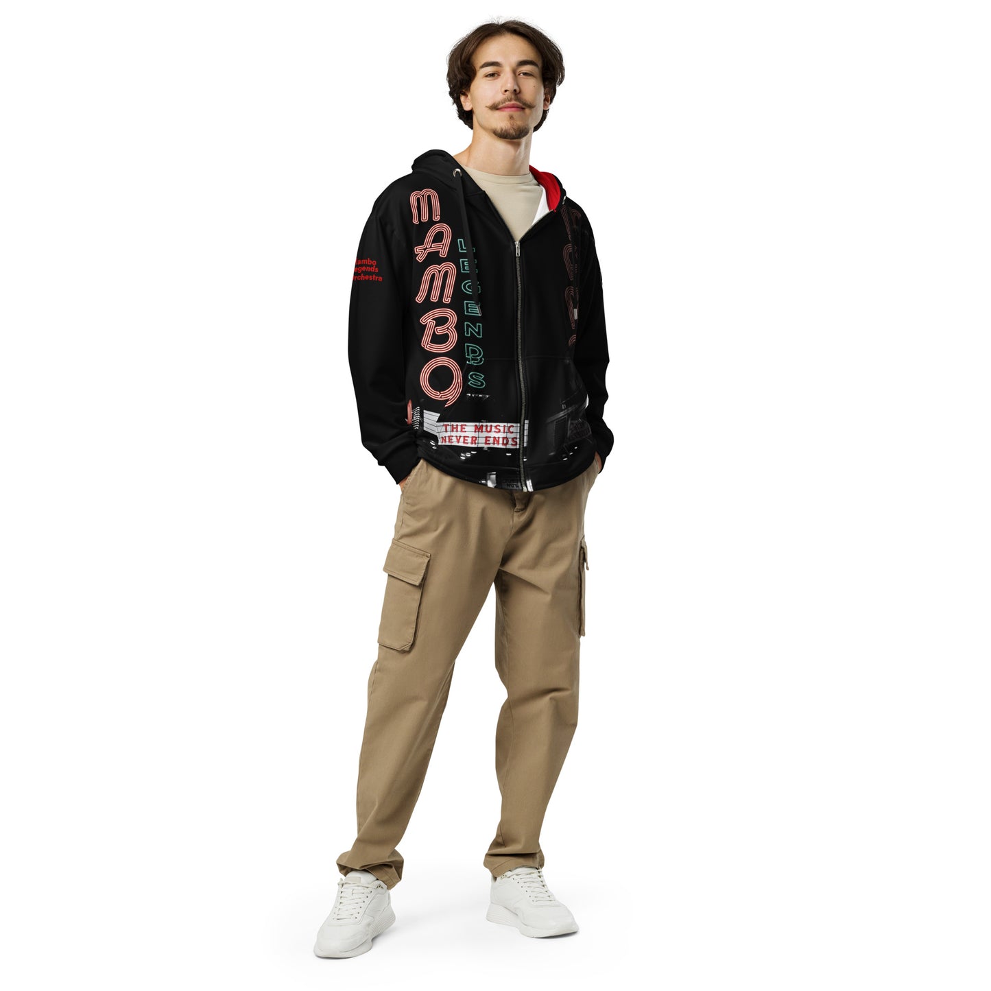 The Music Never Ends Red interior hood Unisex zip hoodie