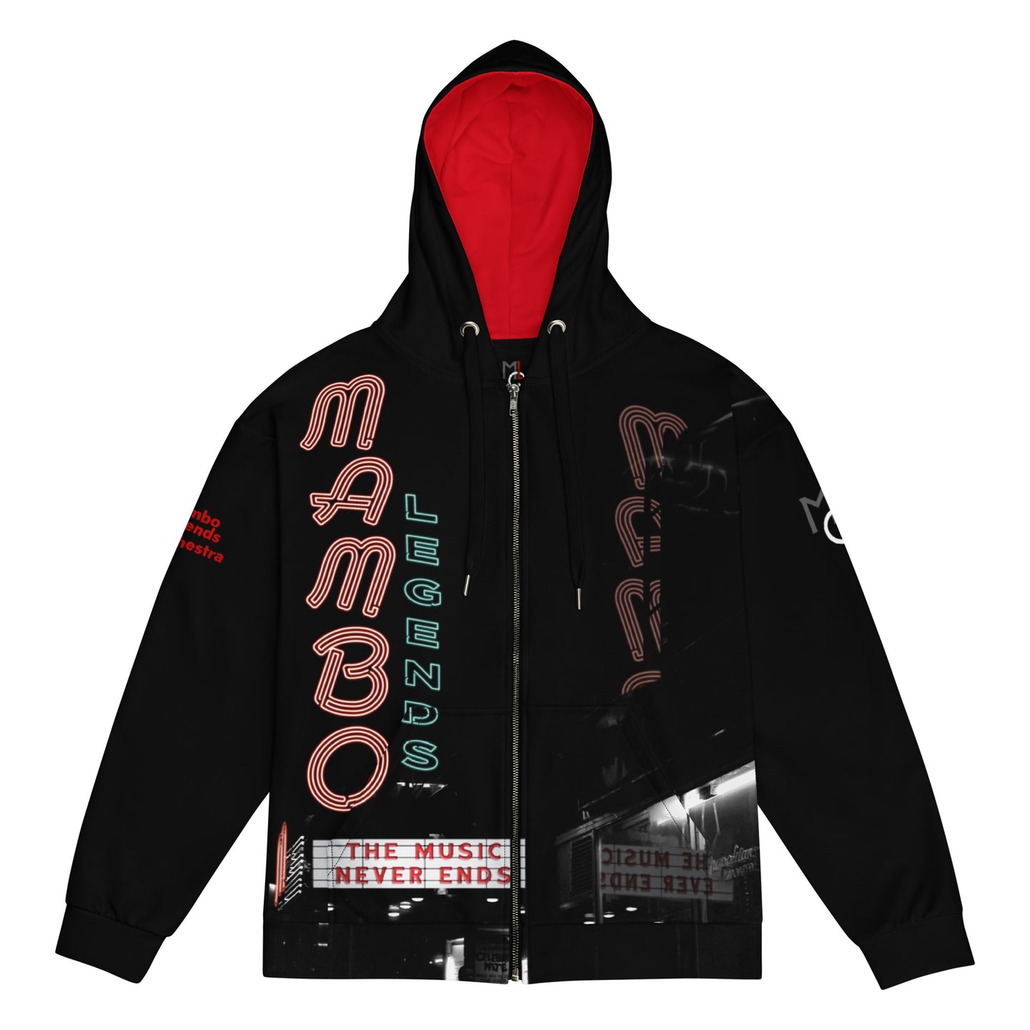 The Music Never Ends Red interior hood Unisex zip hoodie