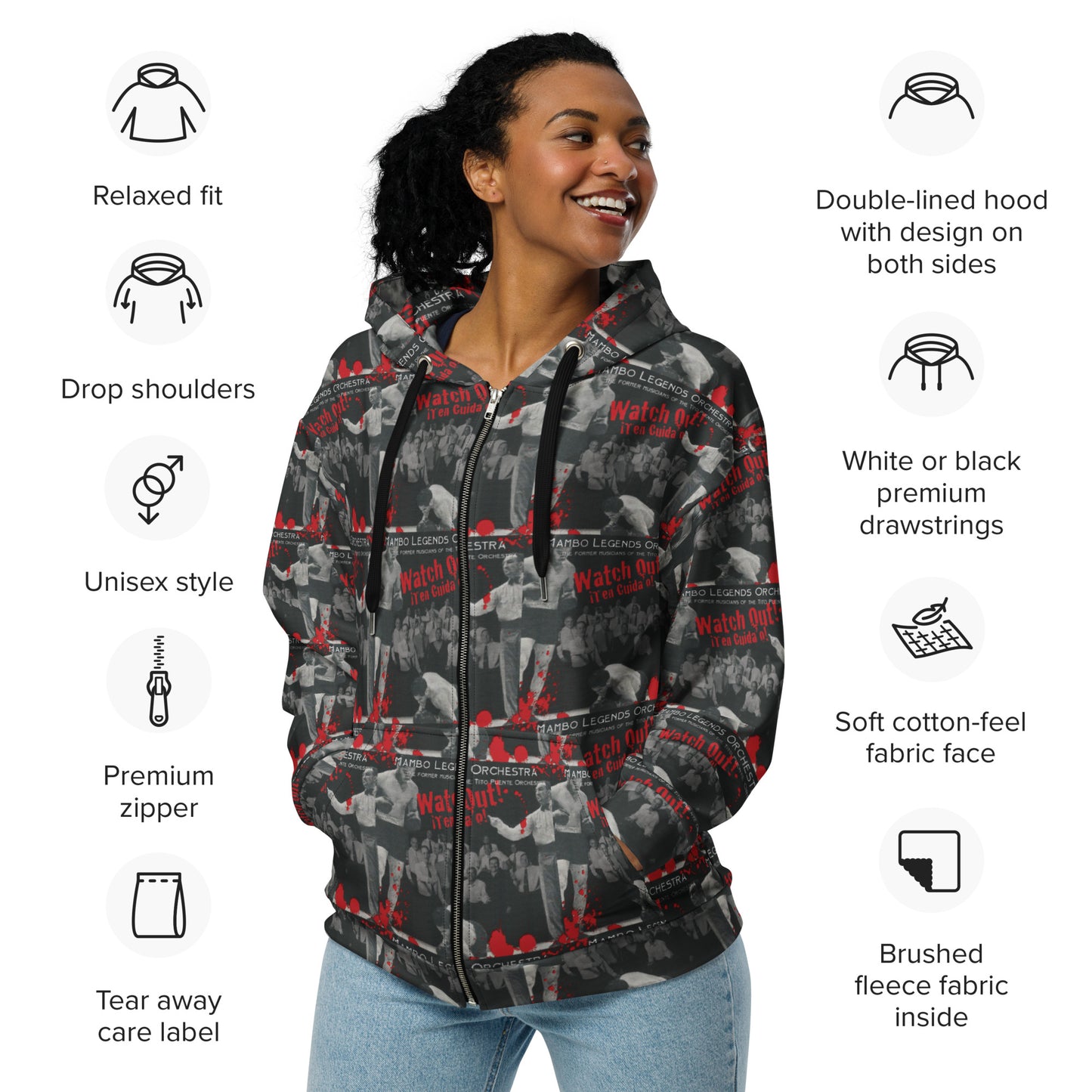 Watch Out! Ten Cuidao! Unisex zip hoodie