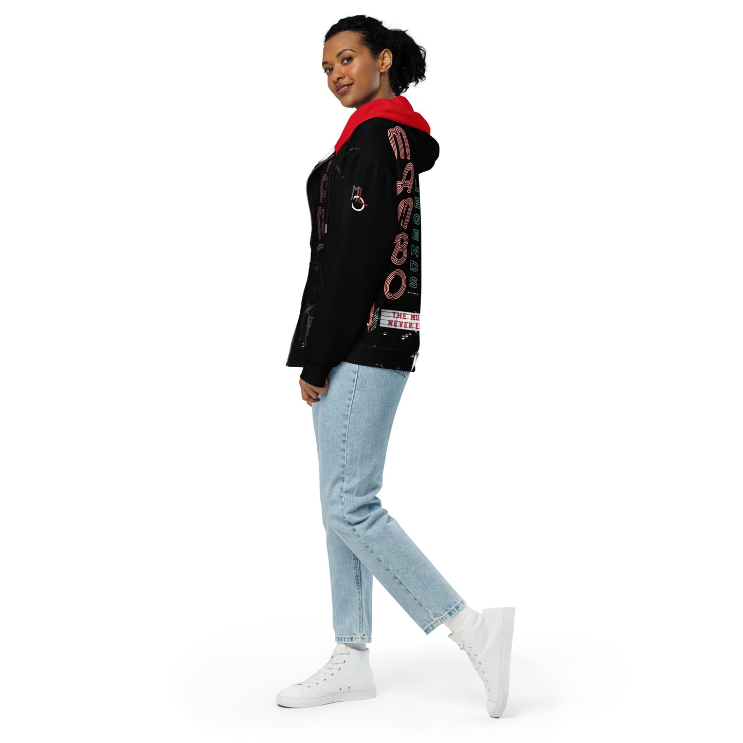 The Music Never Ends Red interior hood Unisex zip hoodie