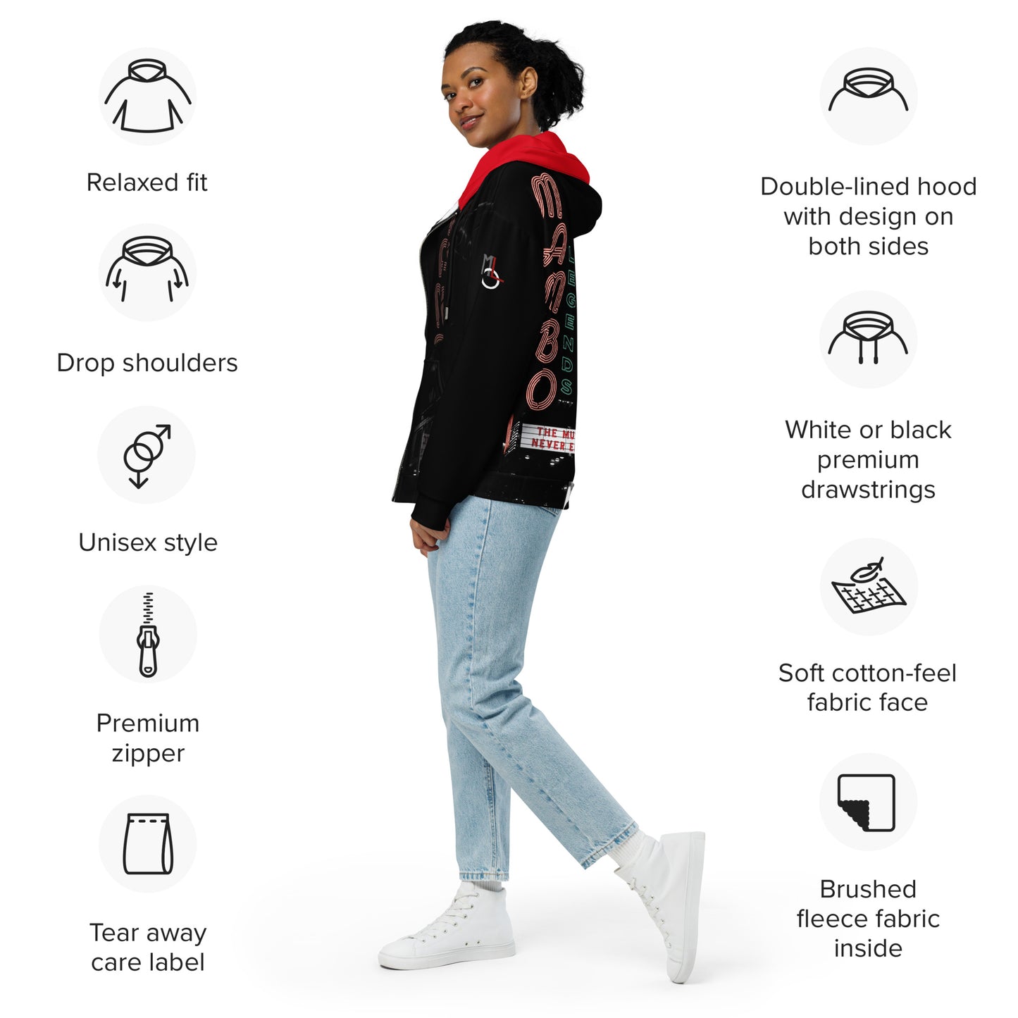 The Music Never Ends Red interior hood Unisex zip hoodie