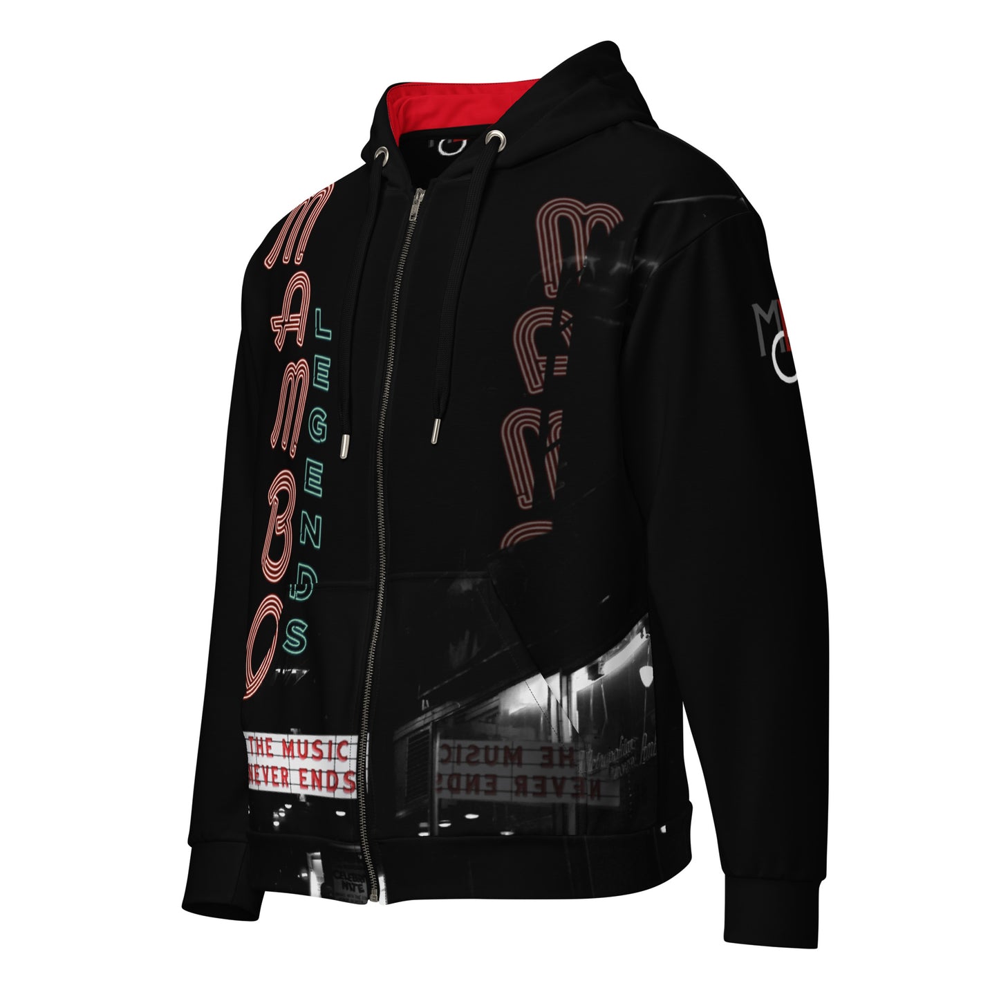 The Music Never Ends Red interior hood Unisex zip hoodie