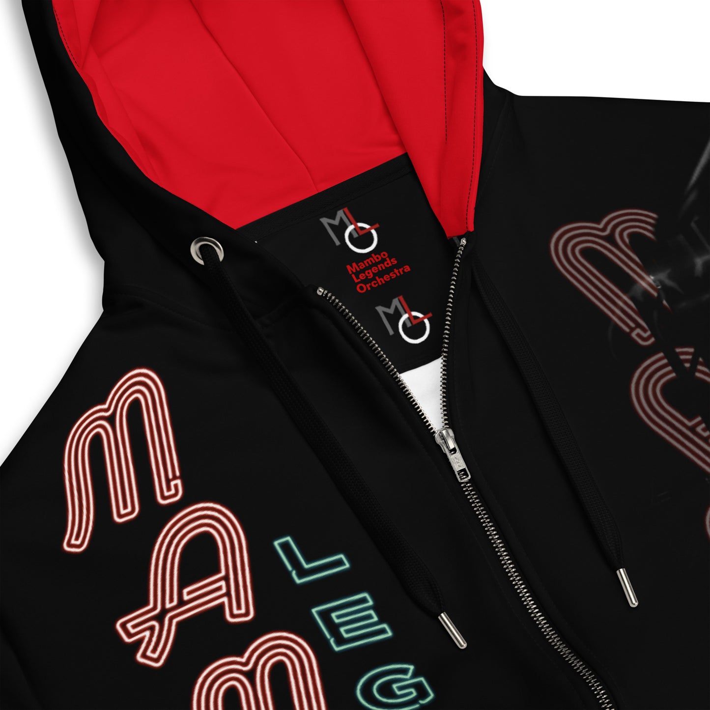 The Music Never Ends Red interior hood Unisex zip hoodie